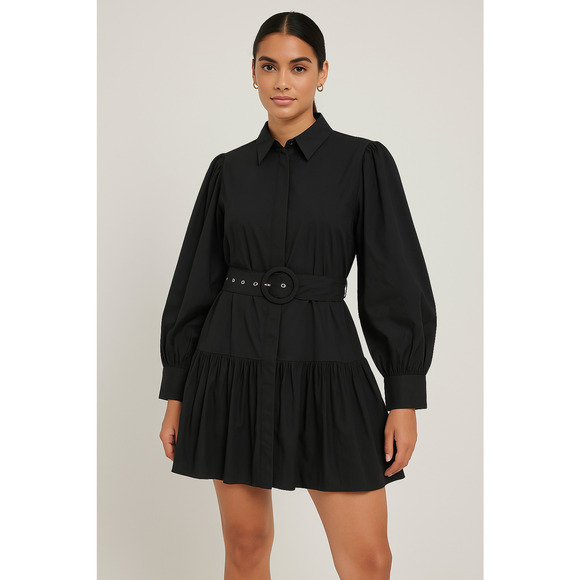Wishing Waves Dresses & Skirts - Wishing Waves Belted Shirt Dress Womens Large Black Poplin Mini Ruffle Hem
